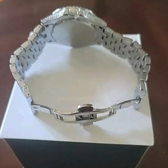 Men's Full Ice Hip Hop Bling Simulated Diamond Steel Band Watch with Day Display - Picture 6 of 12